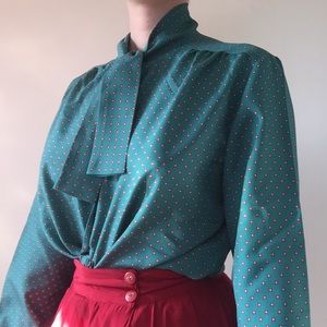 Vintage Teal Floral Necktie Blouse